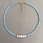 Minimal Aquamarine Turquoise and Pearl Necklace