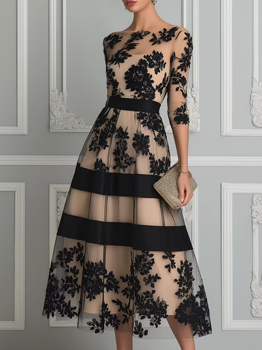 Aubrey Lace Midi Dress with Sheer Overlay