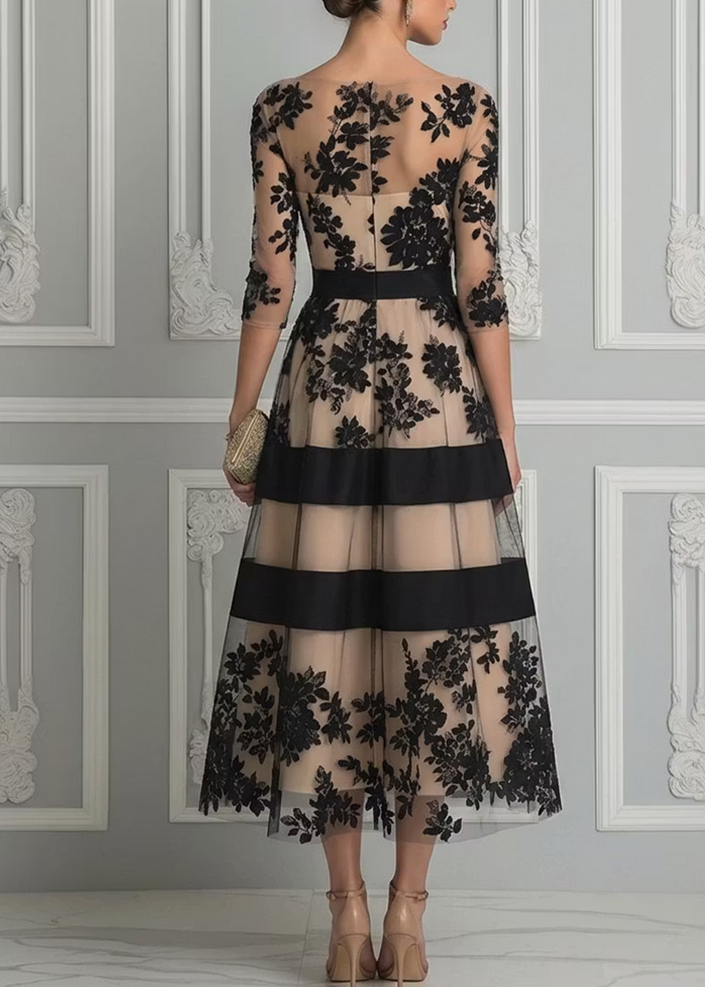 Aubrey Lace Midi Dress with Sheer Overlay