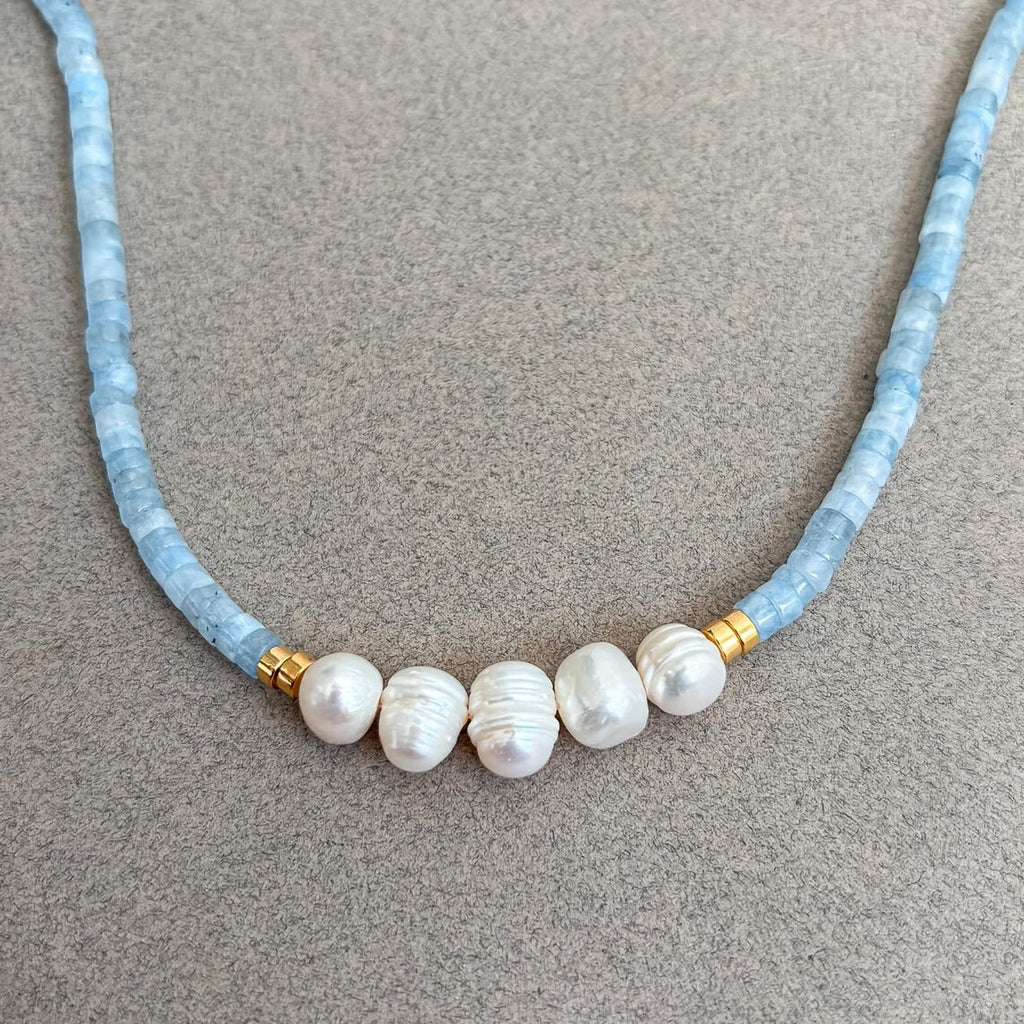 Minimal Aquamarine Turquoise and Pearl Necklace