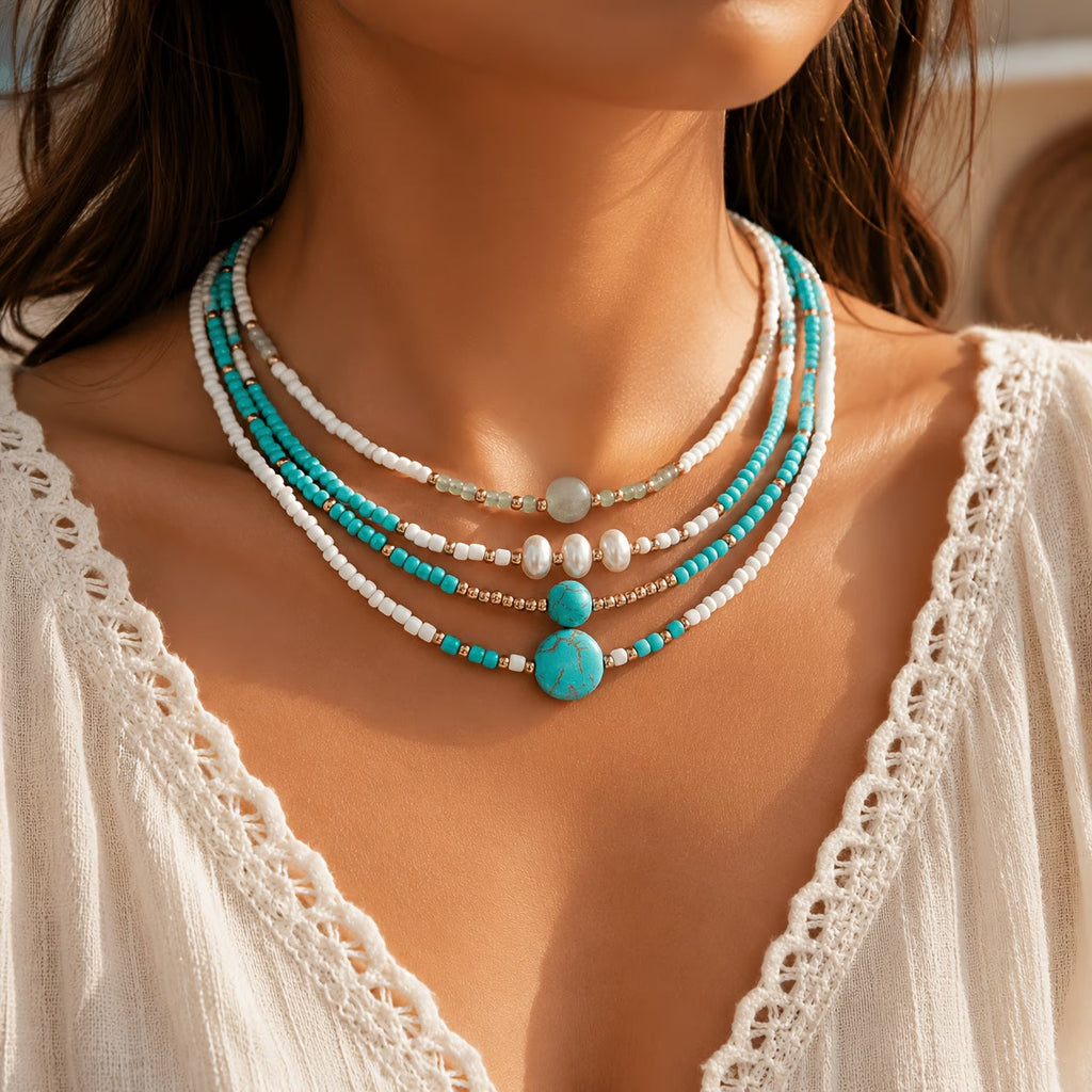 Bohemian Pearl and Turquoise Beaded Bracelet Set