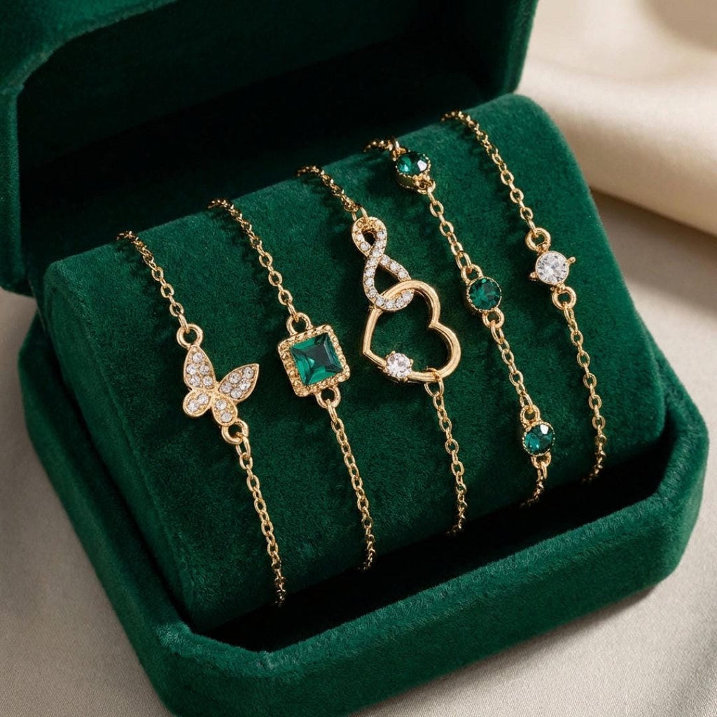 Hallow Heart Green Crystal Stone Bracelet Set