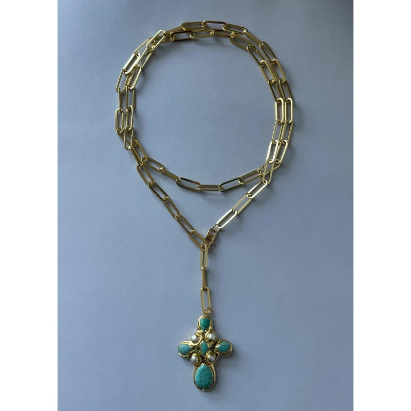 Statement Turquoise Cross Lariat Necklace