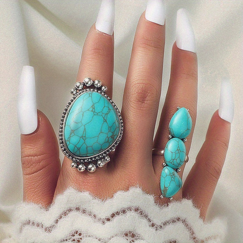 Bohemian Turquoise Statement Ring Set of 2