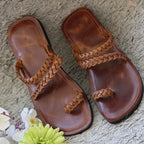 Braided Leather Slides - Cognac Brown