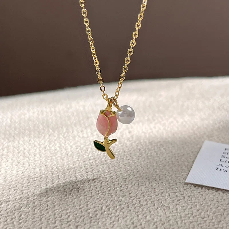 Pink Tulip Garden Necklace & Earrings Set