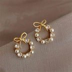 Bow Pearl Circle Stud Earrings