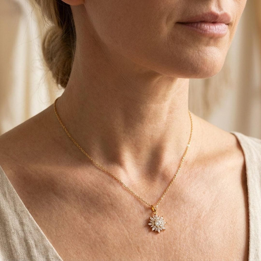 Trendy Silver Sunflower Zircon Necklace & Earrings set