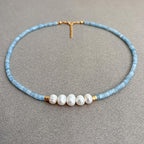Minimal Aquamarine Turquoise and Pearl Necklace