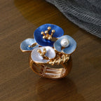 Blue Floral Pearl Adjustable statment Ring