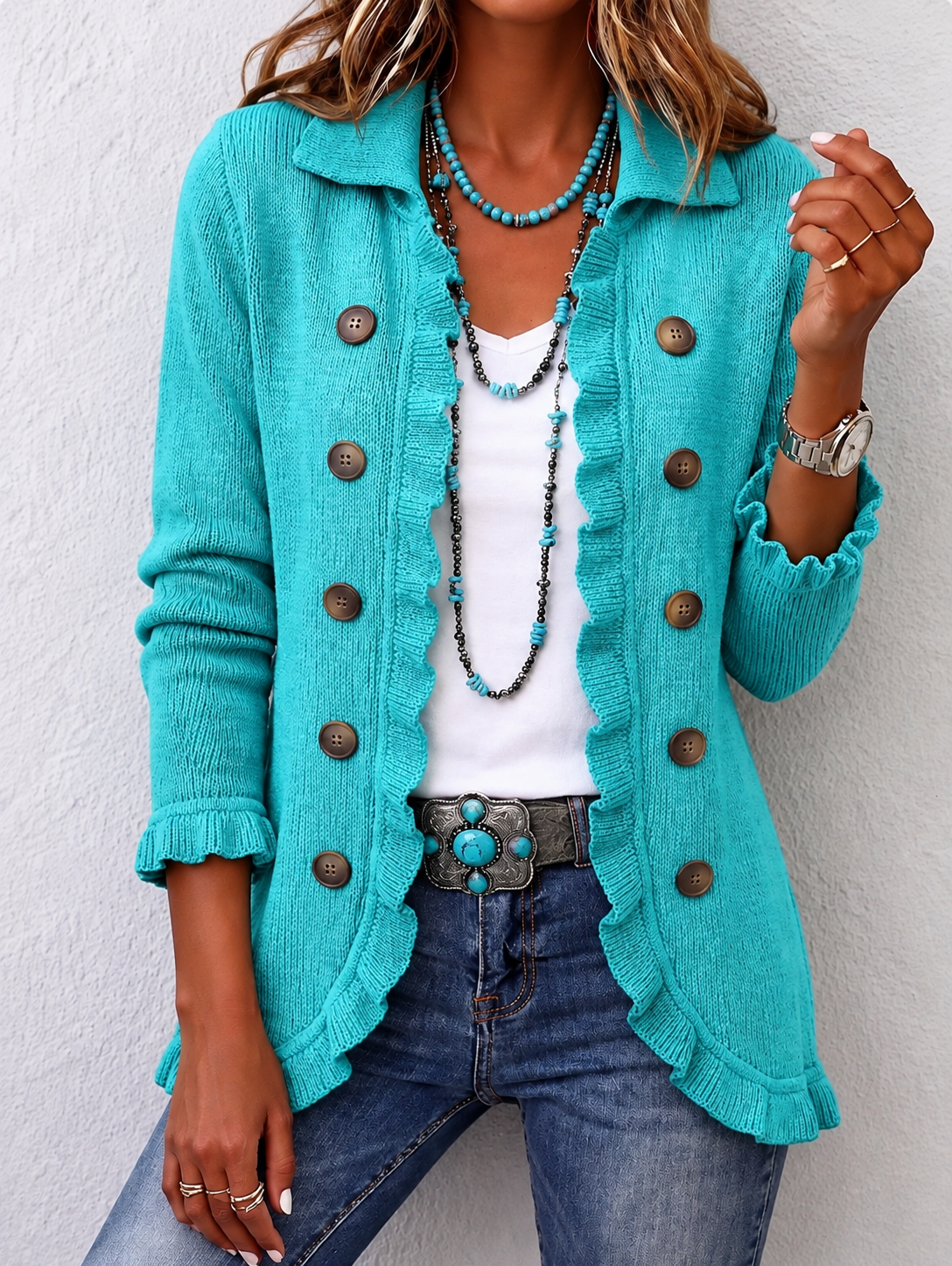 Maribel | Turquoise Knitted Jacket with Ruffles