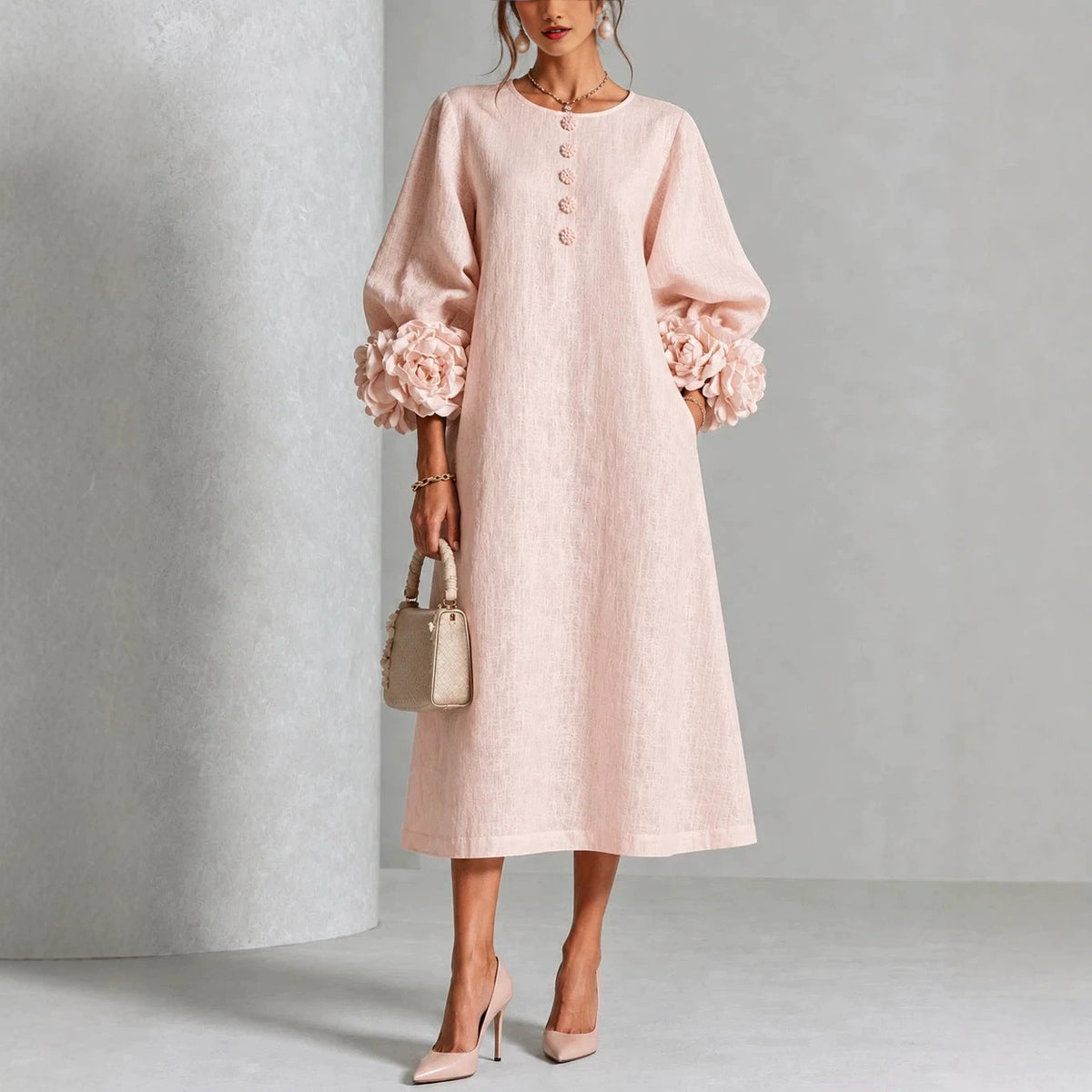 Ivy Floral Rose-Cuff Midi Dress
