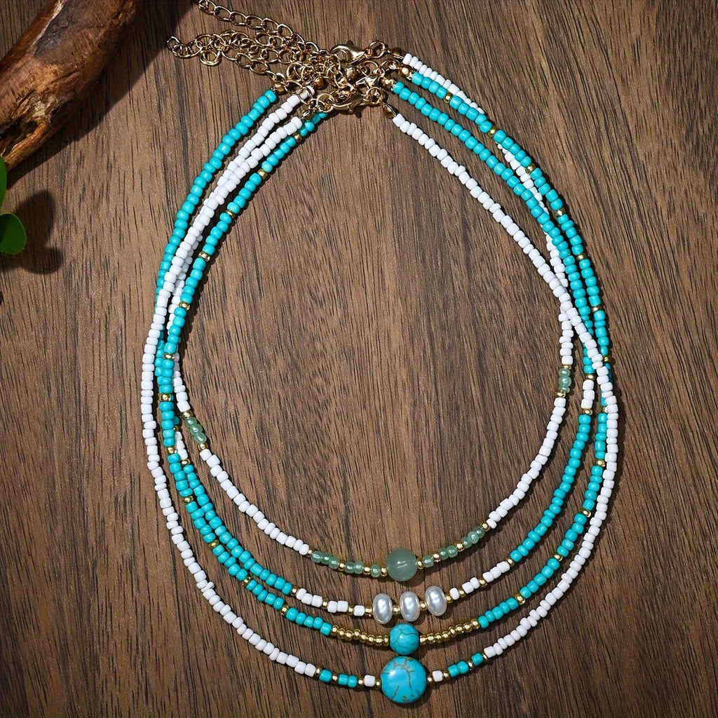Bohemian Pearl and Turquoise Beaded Bracelet Set