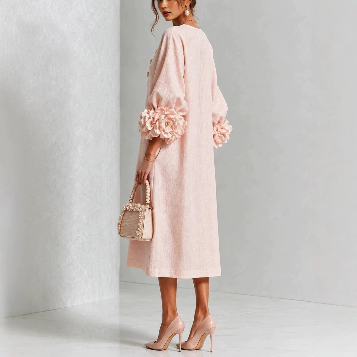 Ivy Floral Rose-Cuff Midi Dress