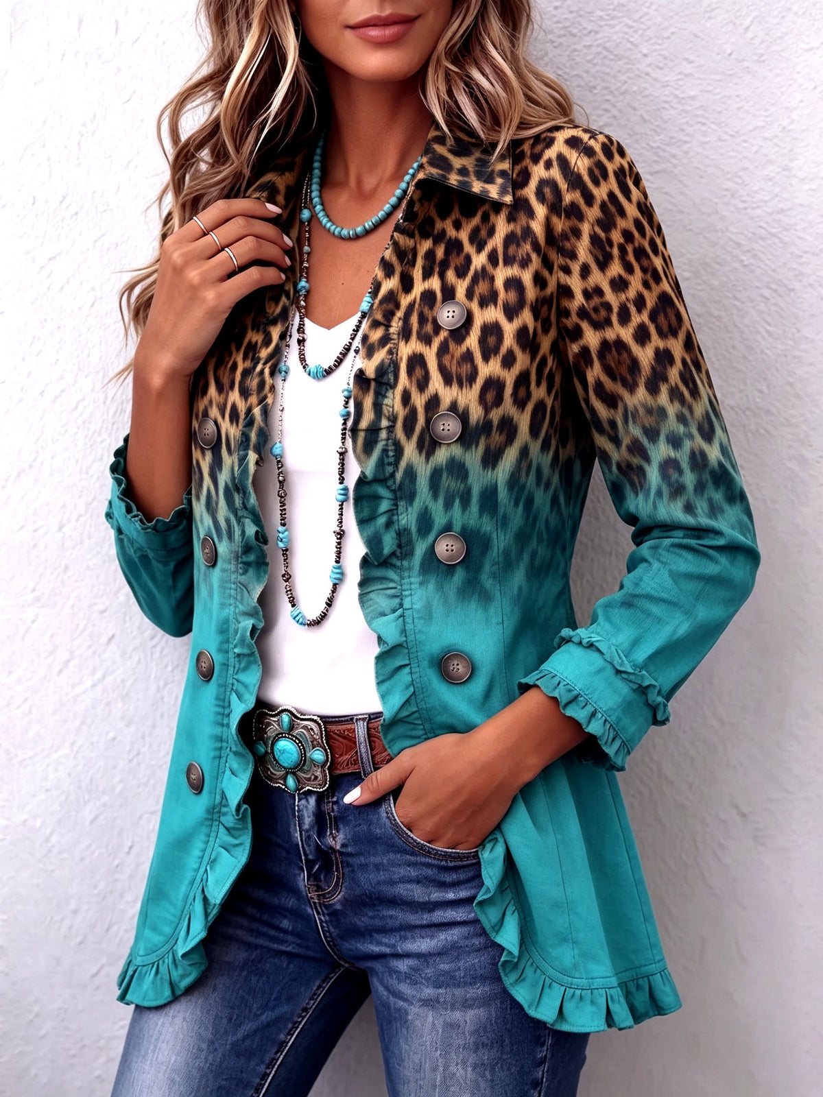 Mercedes | Gradient Leopard-Print Jacket with Ruffles