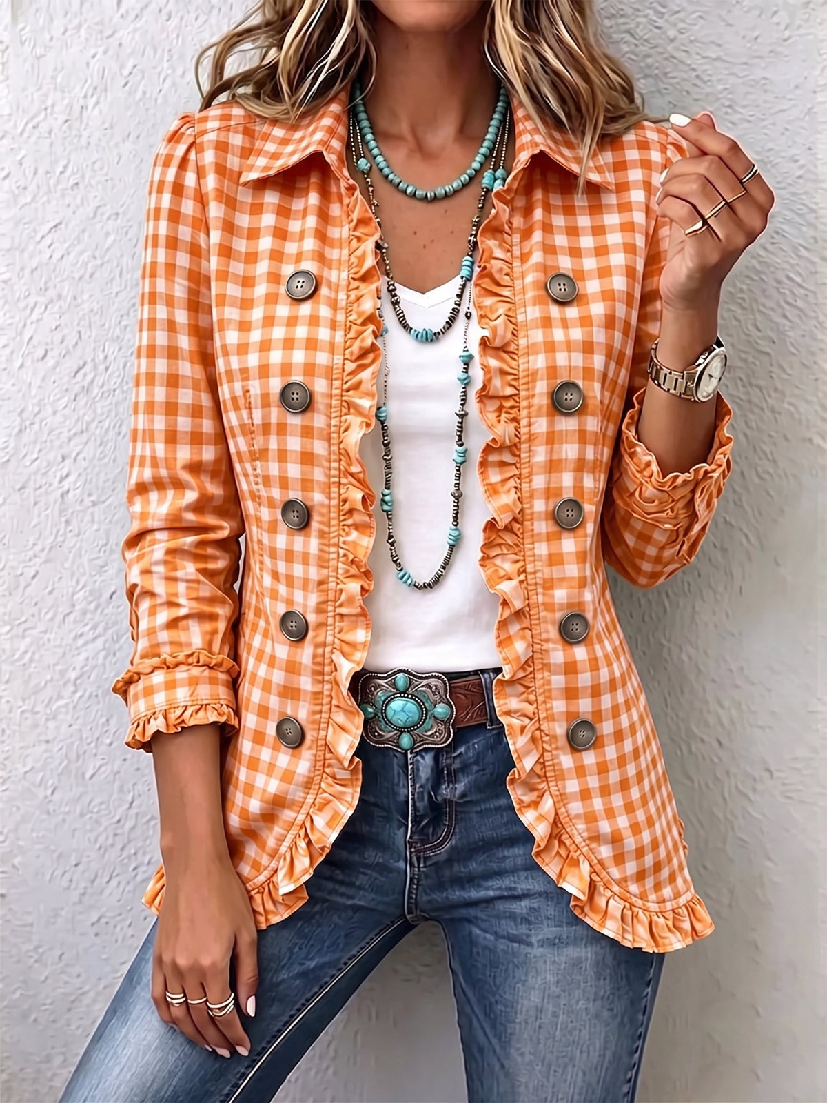 Purificación | Vichy-check jacket with ruffles