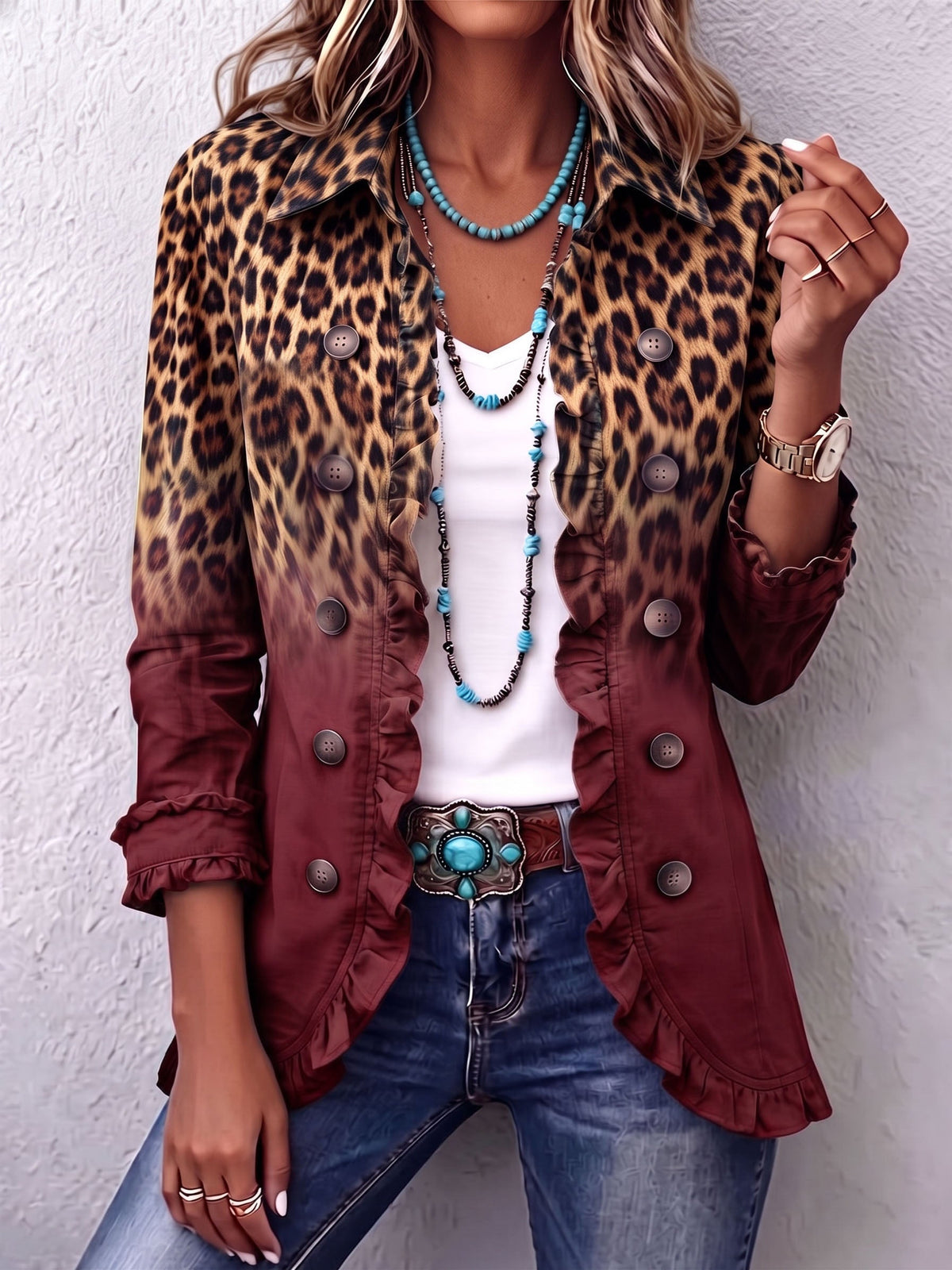 Mercedes | Gradient Leopard-Print Jacket with Ruffles